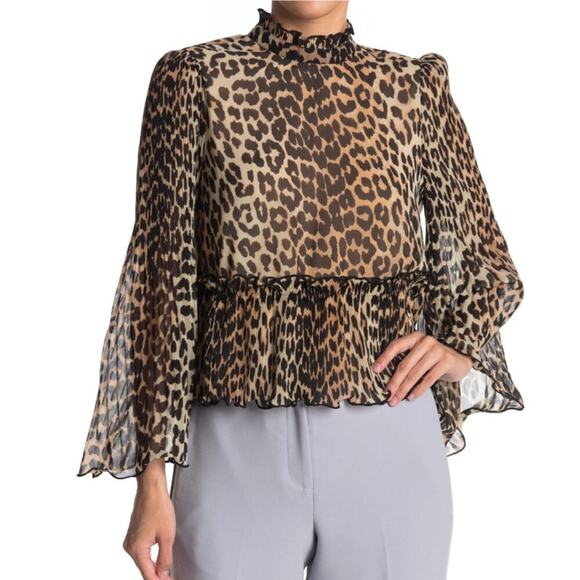 Ganni Leopard Print Pleated Bell Sleeve Crop Blouse - Picture 1 of 7